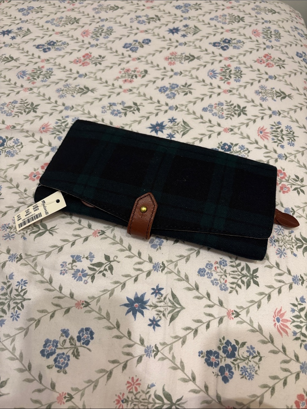 Madewell Fold-Over Wallet Clutch in Dark Green Plaid with Brown Leather Trim